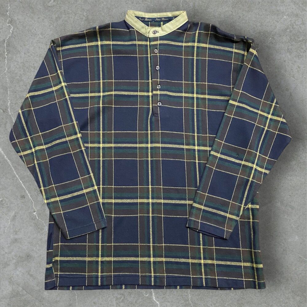 New River Vtg 90s Henley Plaid Navy Blue L/S Shirt Cotton Blend Mens Size Medium
